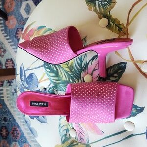 Nine West, Size 12, Pink Party Open Toe Shoe with Metallic Ultra Suede a…